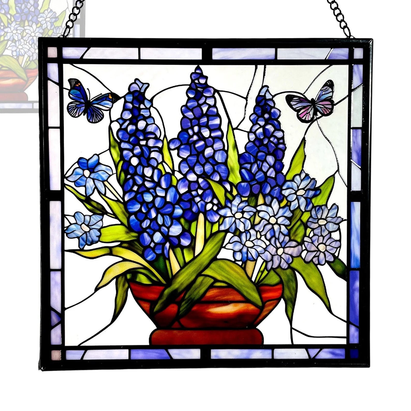 Bluebonnet Blue Iris Flower and Butterfly Stained Glass Panel Suncatcher Square Window Hanging