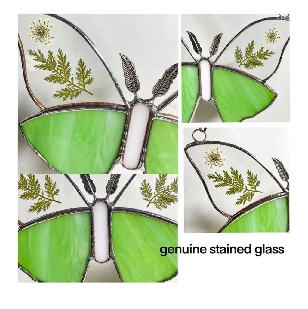 Green Glass Luna Moth Stained Glass Window Hanging