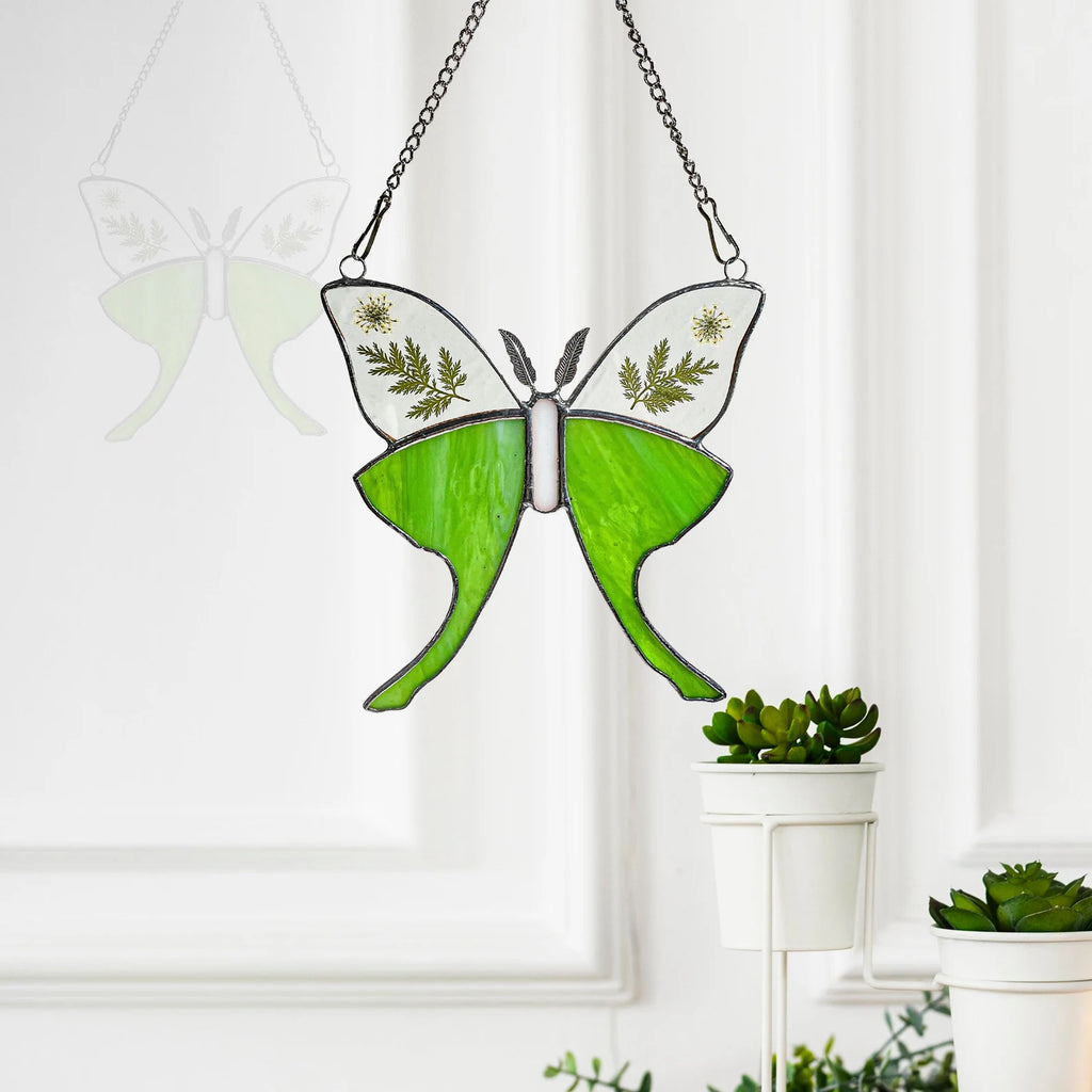Green Glass Luna Moth Stained Glass Window Hanging