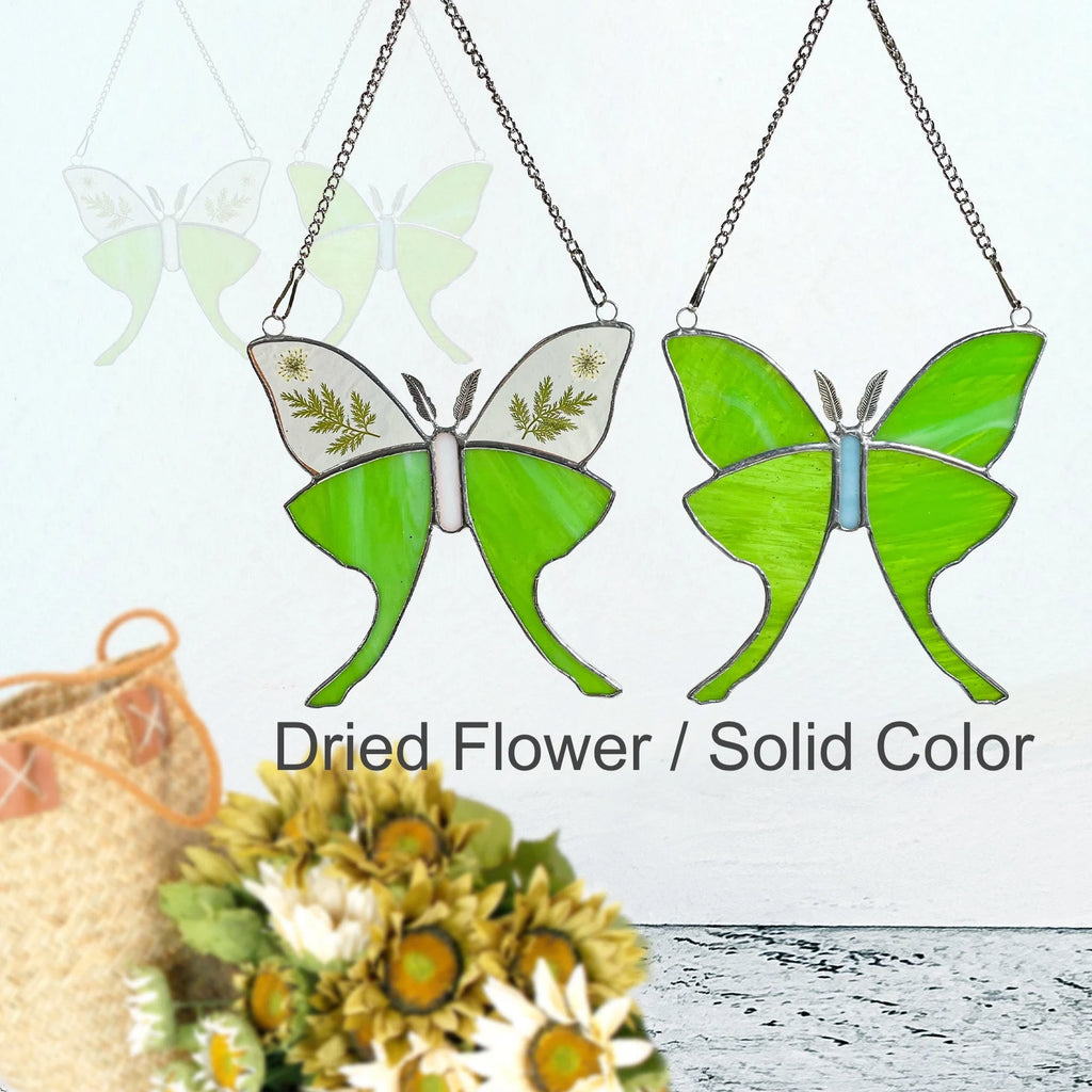 Green Glass Luna Moth Stained Glass Window Hanging