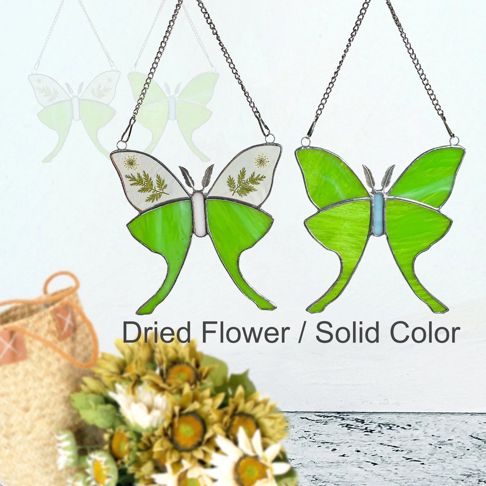 Green Glass Luna Moth Stained Glass Window Hanging