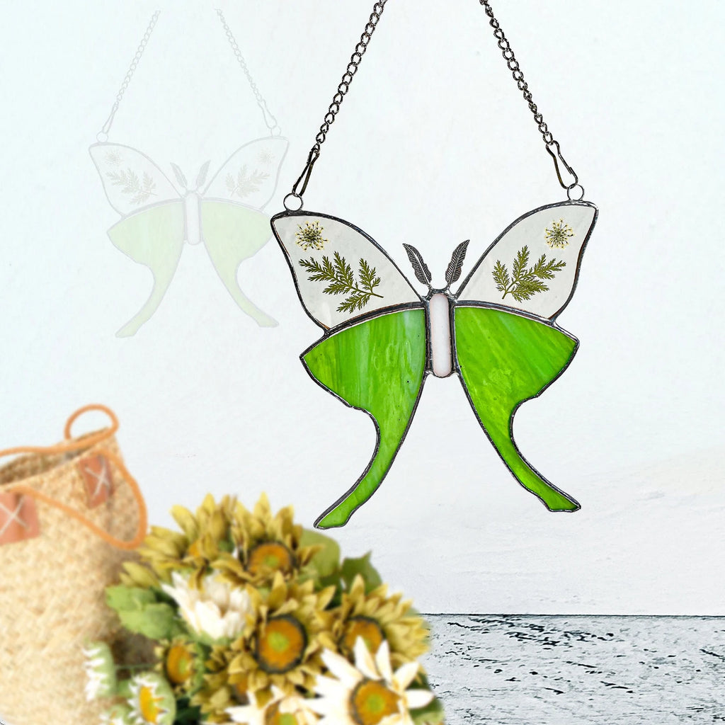 Green Glass Luna Moth Stained Glass Window Hanging