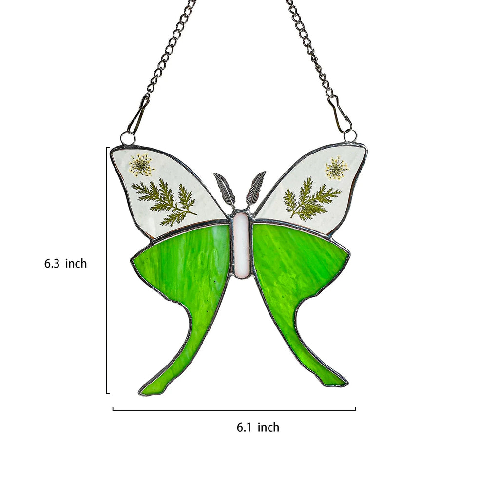 Green Glass Luna Moth Stained Glass Window Hanging