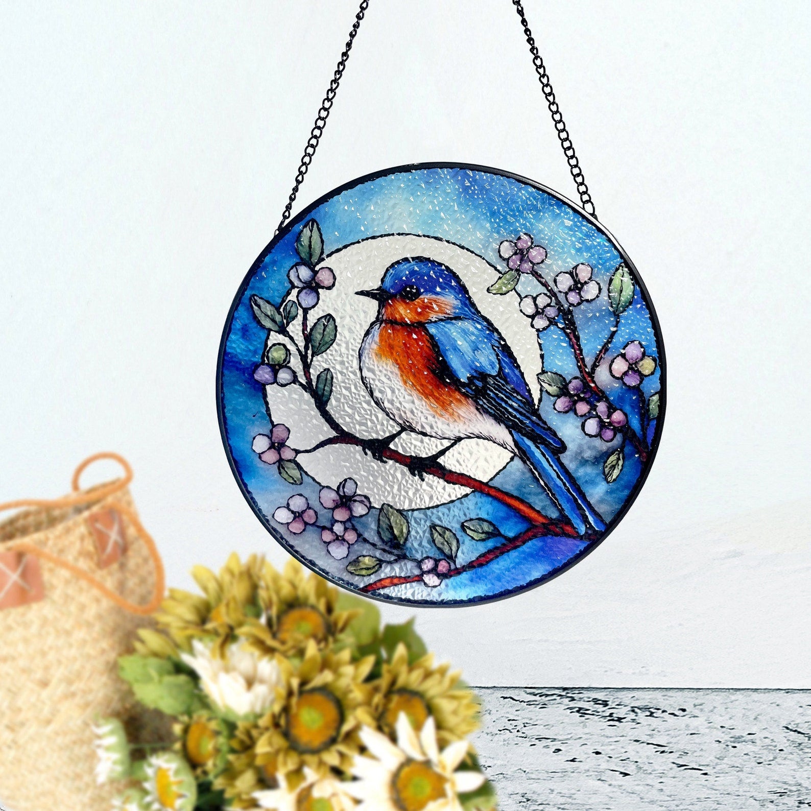 Bluebird and Full Moon Stained Glass Suncatcher, Blue Bird, Gifts, Window Hanging, Indoor Decor, Sun Catcher