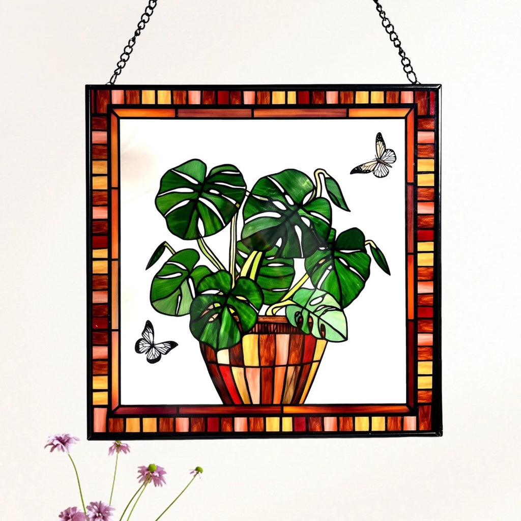 Monstera and Butterflies Stained Glass Panel Suncatcher Square Window Hanging