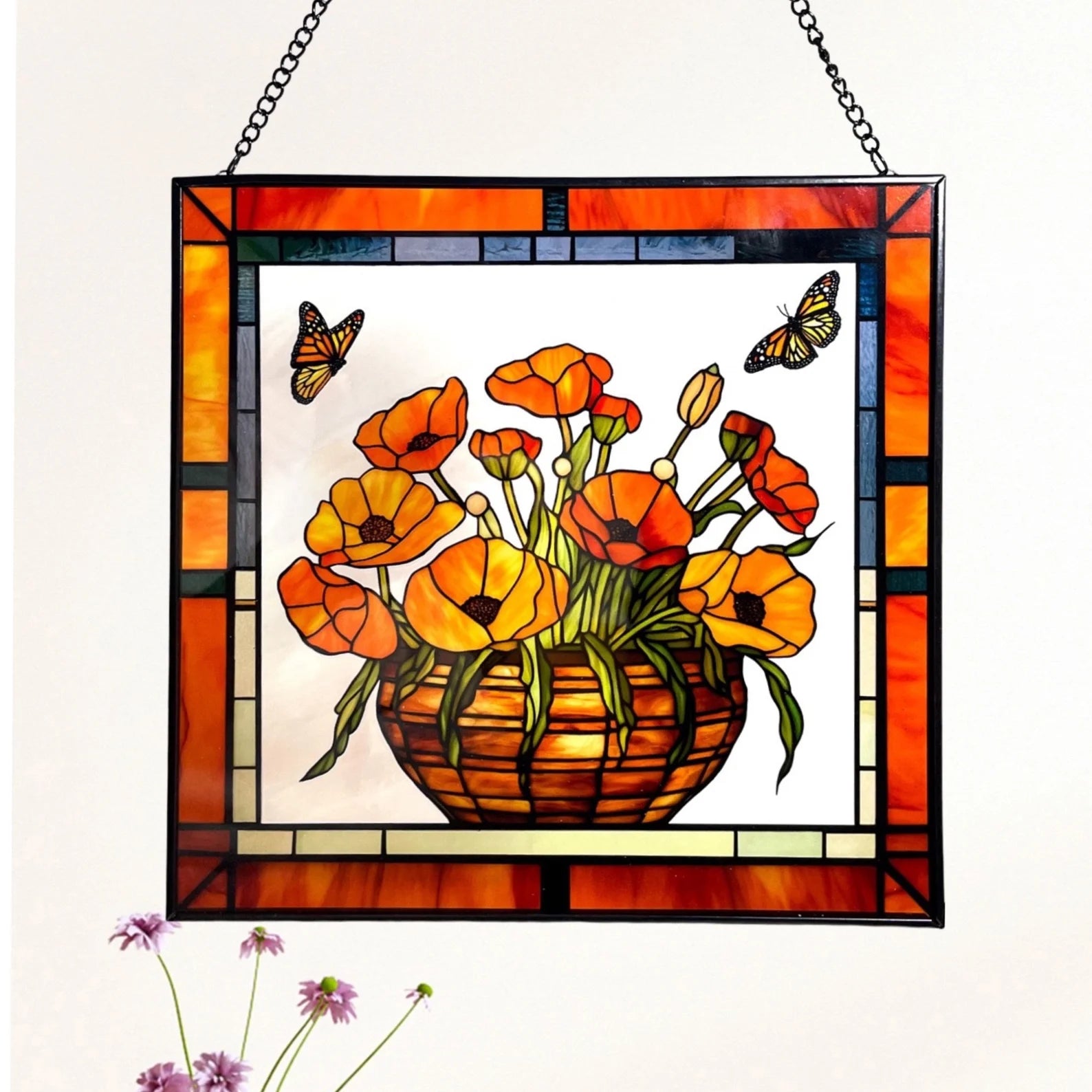 California Poppies and Monarch Butterflies Stained Glass Panel Suncatcher Square Window Hanging