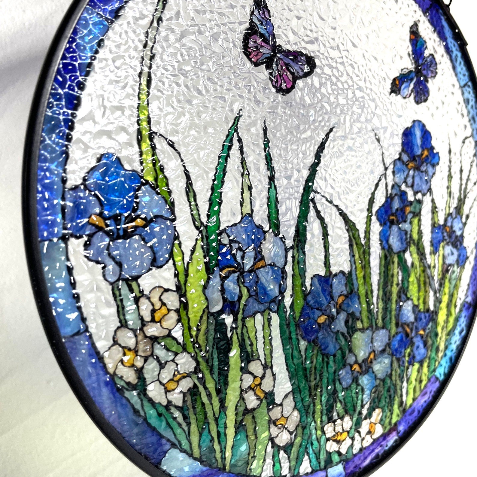 Blue Irises and Butterflies Stained Glass Suncatcher, Iris Flowers, Butterfly, Gifts, Window Hanging, Indoor Decor, Sun Catcher