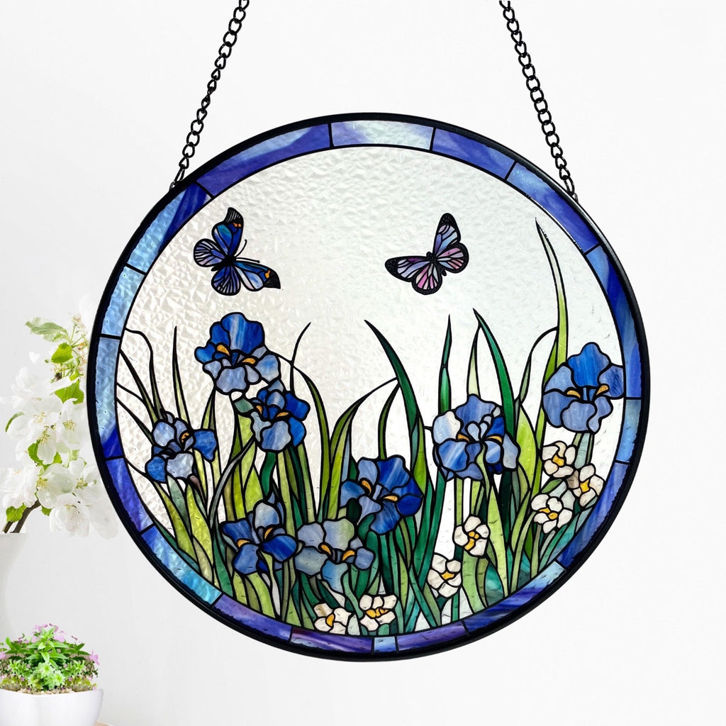 Blue Irises and Butterflies Stained Glass Suncatcher, Iris Flowers, Butterfly, Gifts, Window Hanging, Indoor Decor, Sun Catcher