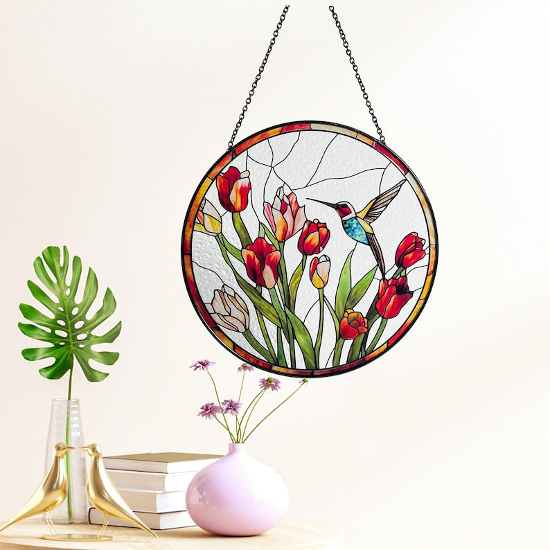 Hummingbird and Tulips Stained Glass Suncatcher/Window Hanging