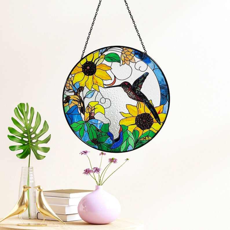 Hummingbird and Sunflowers Stained Glass Suncatcher/Window Hanging