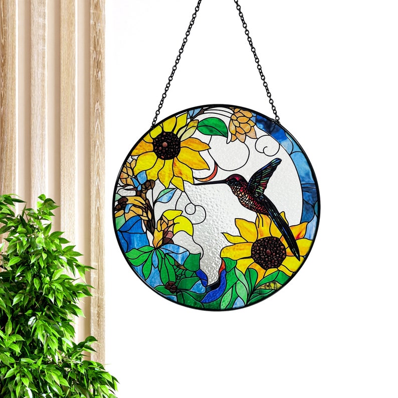 Hummingbird and Sunflowers Stained Glass Suncatcher/Window Hanging