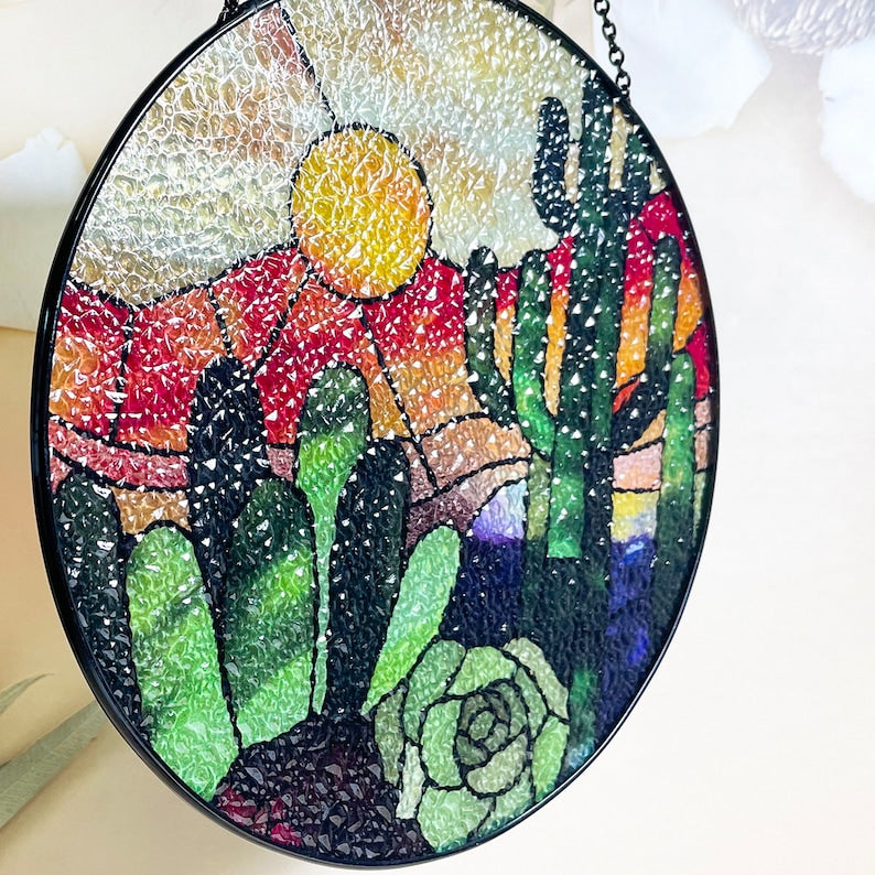 Cactus Succlent Plants and Desert Sunset Stained Glass Suncatcher/Window Hanging