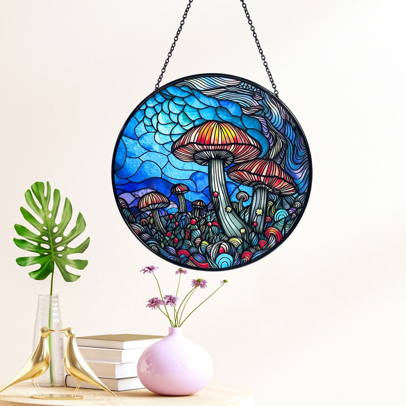 Mushrooms and Vaporwave Glass Suncatcher/Window Hanging