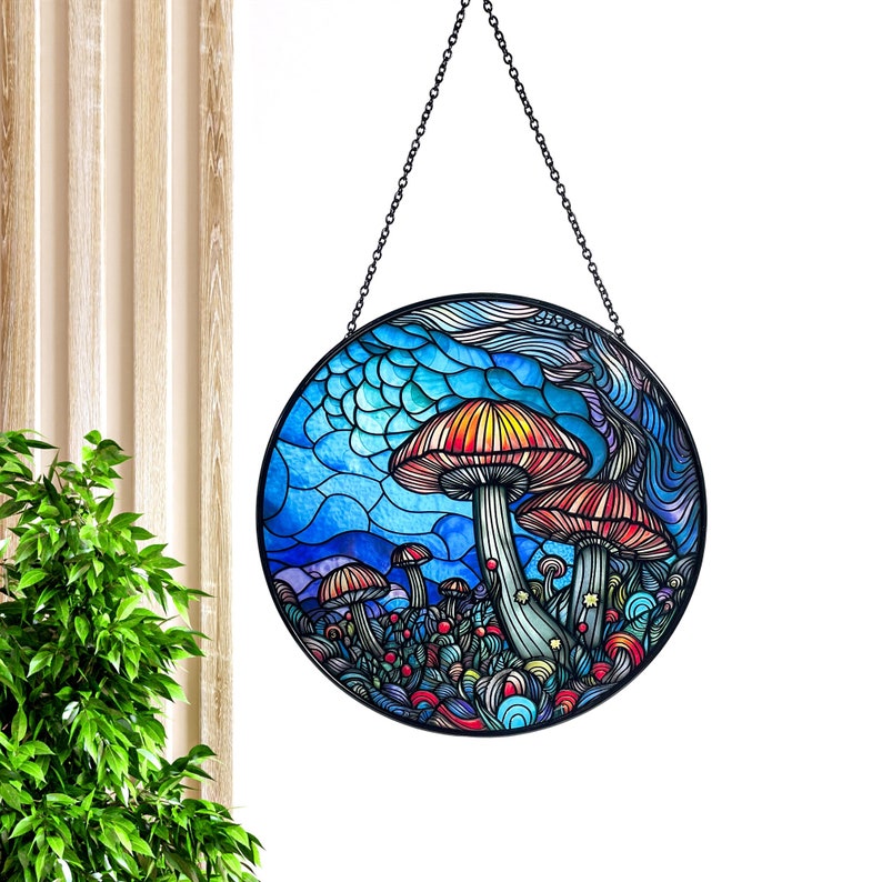 Mushrooms and Vaporwave Glass Suncatcher/Window Hanging