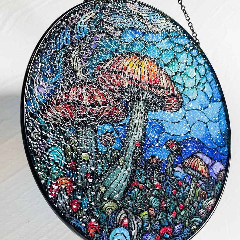 Mushrooms and Vaporwave Glass Suncatcher/Window Hanging