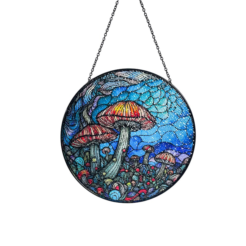 Mushrooms and Vaporwave Glass Suncatcher/Window Hanging