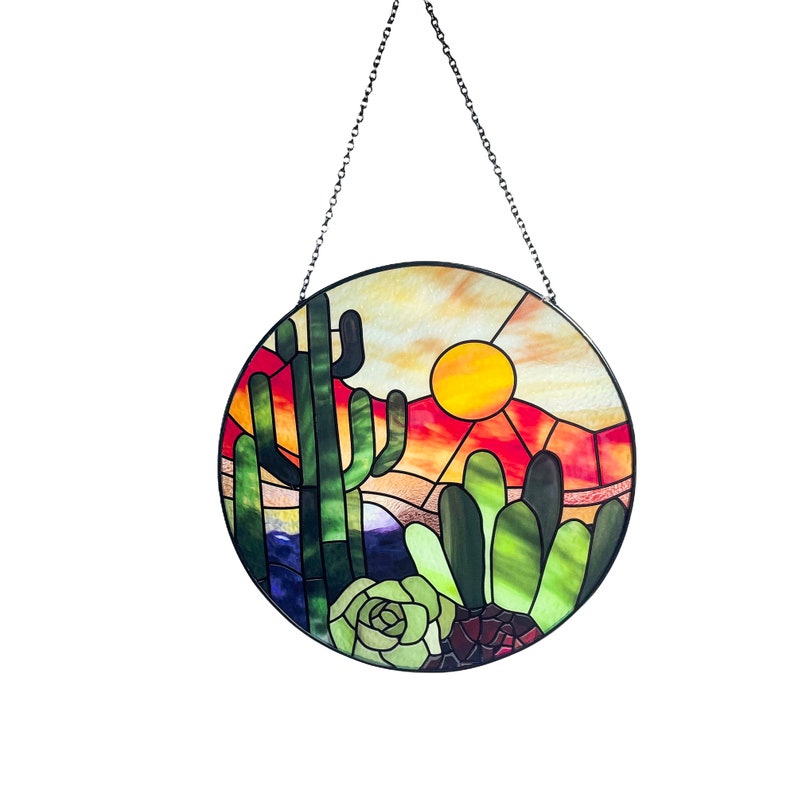 Cactus Succlent Plants and Desert Sunset Stained Glass Suncatcher/Window Hanging