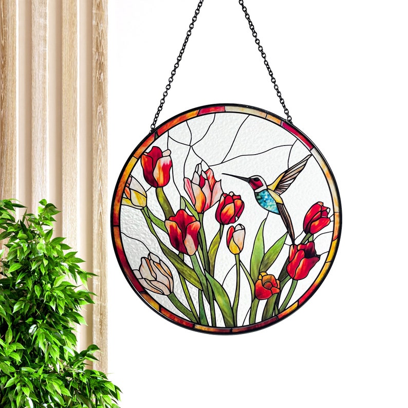 Hummingbird and Tulips Stained Glass Suncatcher/Window Hanging