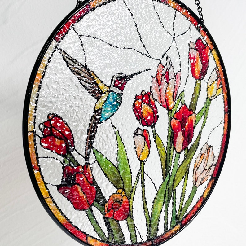 Hummingbird and Tulips Stained Glass Suncatcher/Window Hanging
