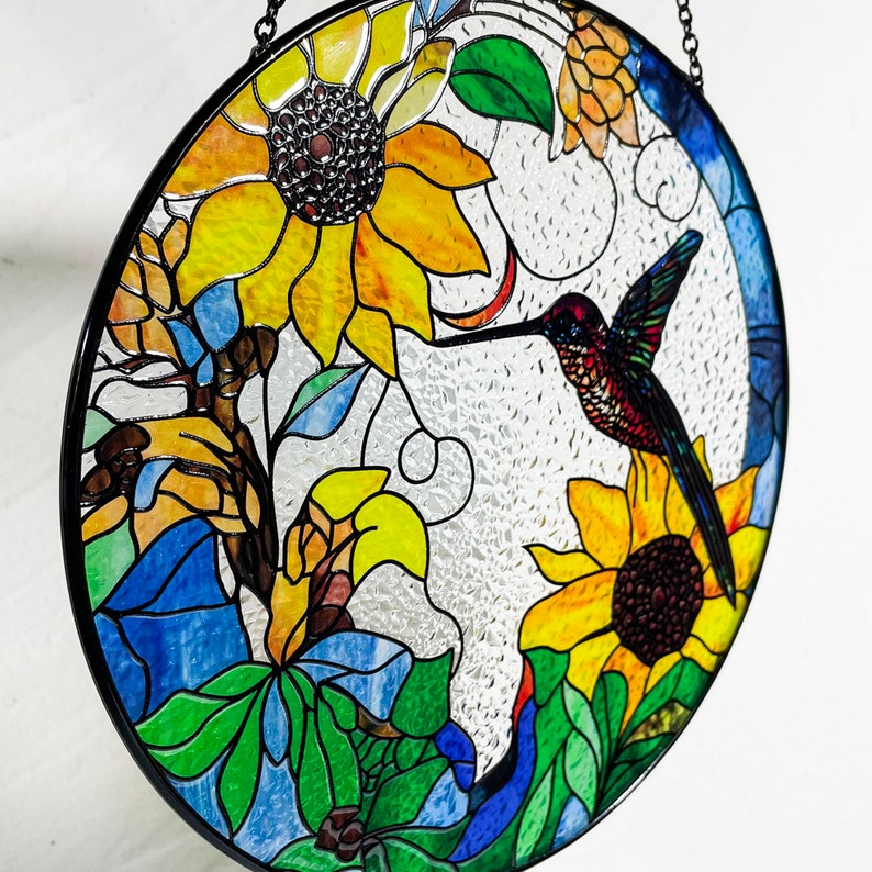 Hummingbird and Sunflowers Stained Glass Suncatcher/Window Hanging