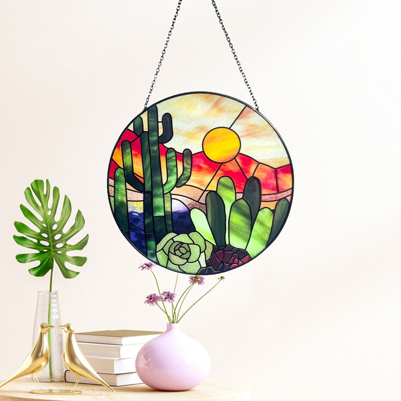 Cactus Succlent Plants and Desert Sunset Stained Glass Suncatcher/Window Hanging