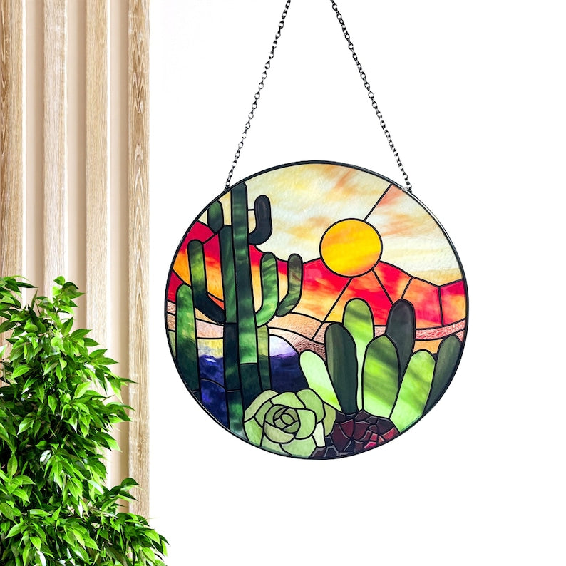 Cactus Succlent Plants and Desert Sunset Stained Glass Suncatcher/Window Hanging