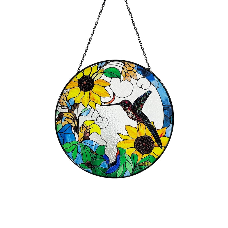 Hummingbird and Sunflowers Stained Glass Suncatcher/Window Hanging