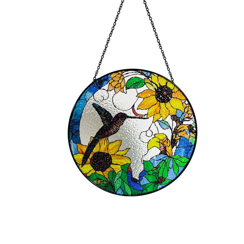Hummingbird and Sunflowers Stained Glass Suncatcher/Window Hanging