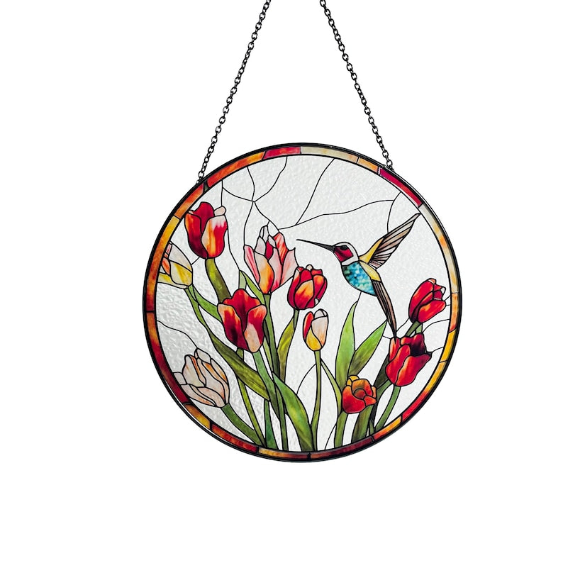 Hummingbird and Tulips Stained Glass Suncatcher/Window Hanging
