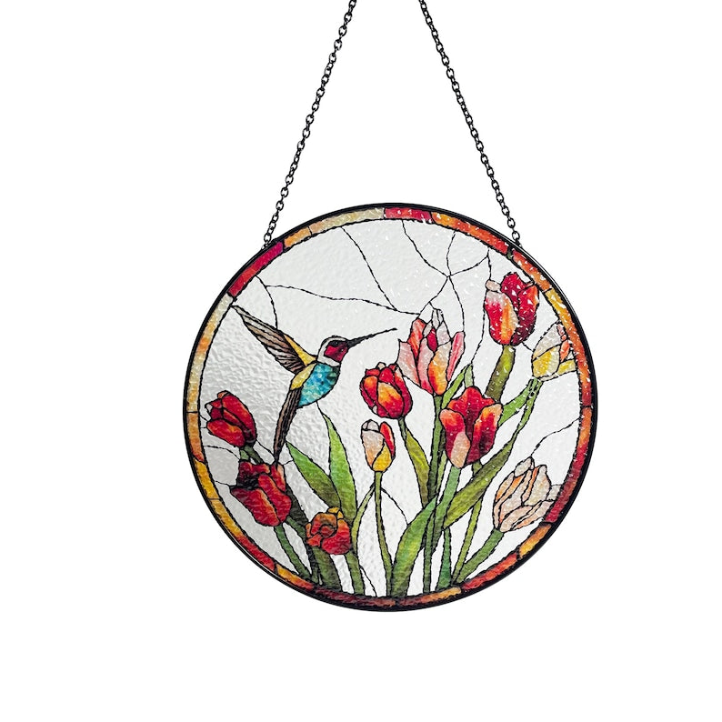 Hummingbird and Tulips Stained Glass Suncatcher/Window Hanging