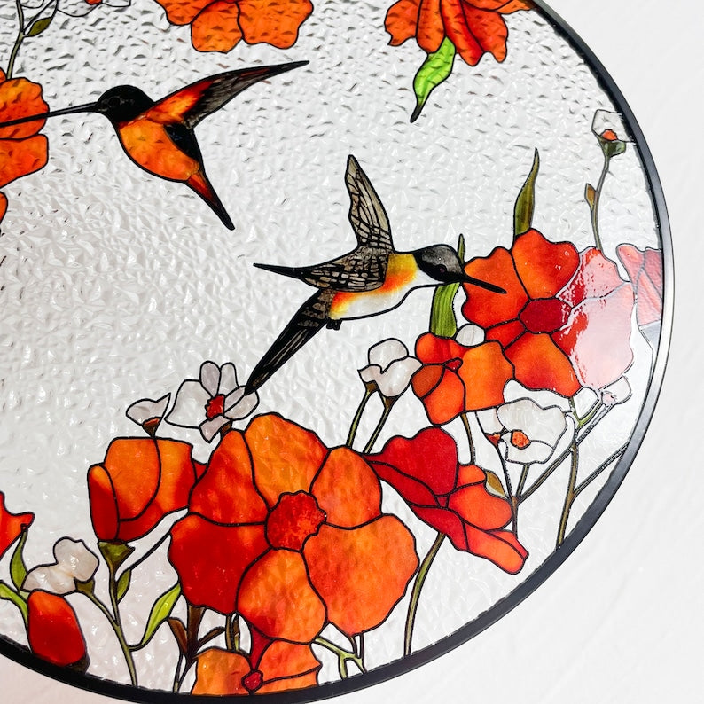 California Poppies/Orange Poppies and hummingbirds Stained Glass Suncatcher/Window Hanging