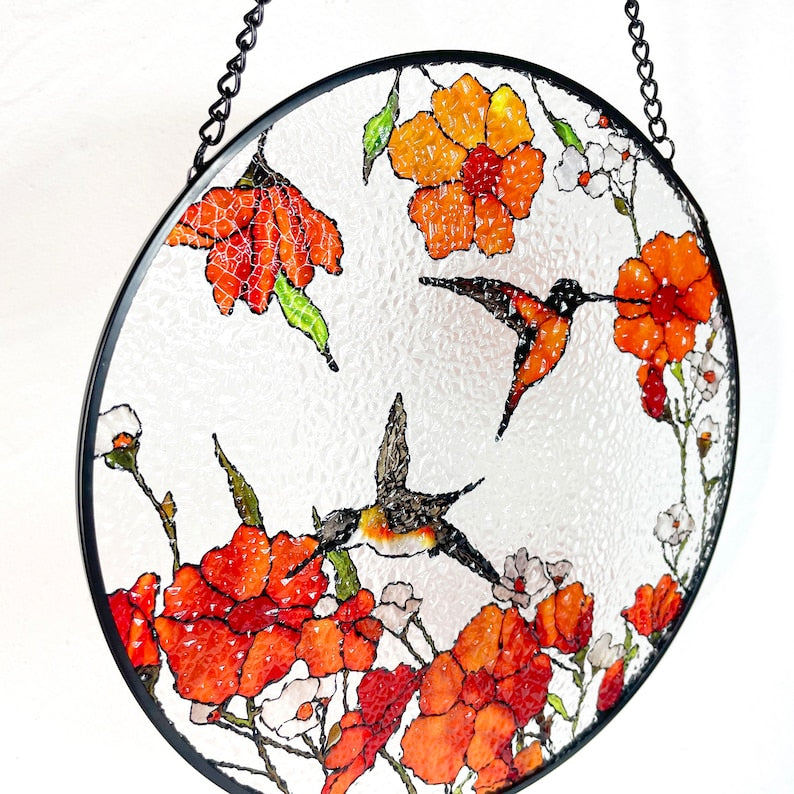 California Poppies/Orange Poppies and hummingbirds Stained Glass Suncatcher/Window Hanging