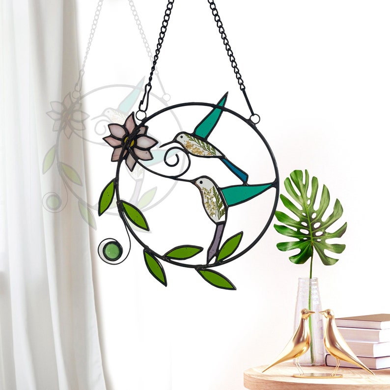 Real Pressed Green Dried Flowers and Hummingbird Stained Glass Suncatchers