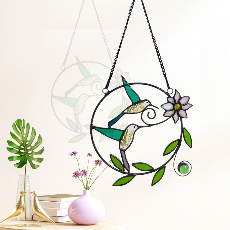 Real Pressed Green Dried Flowers and Hummingbird Stained Glass Suncatchers