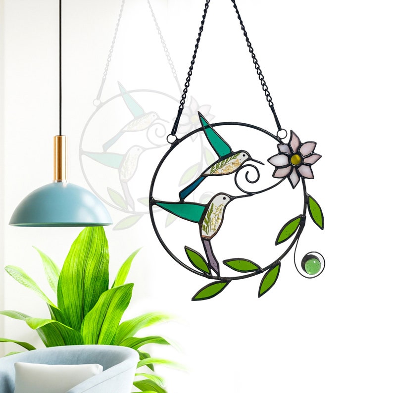 Real Pressed Green Dried Flowers and Hummingbird Stained Glass Suncatchers