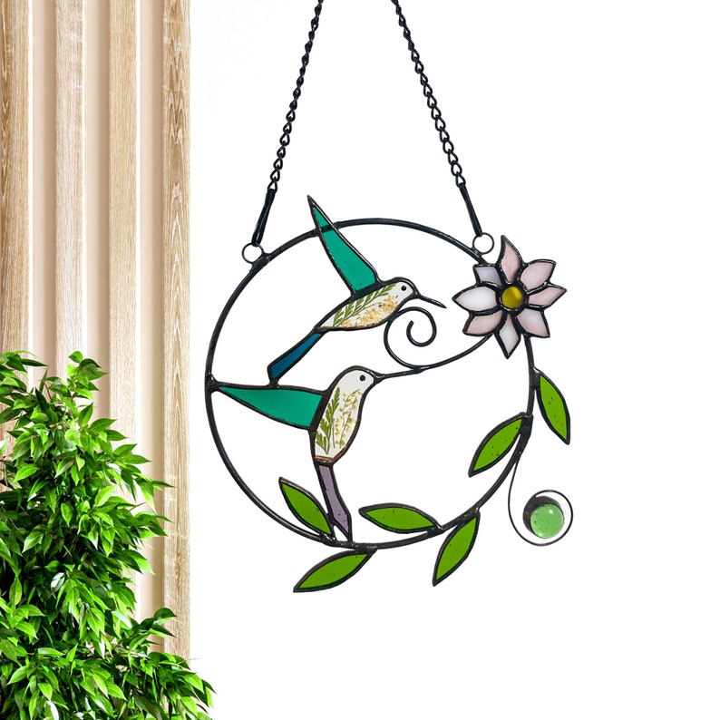 Real Pressed Green Dried Flowers and Hummingbird Stained Glass Suncatchers