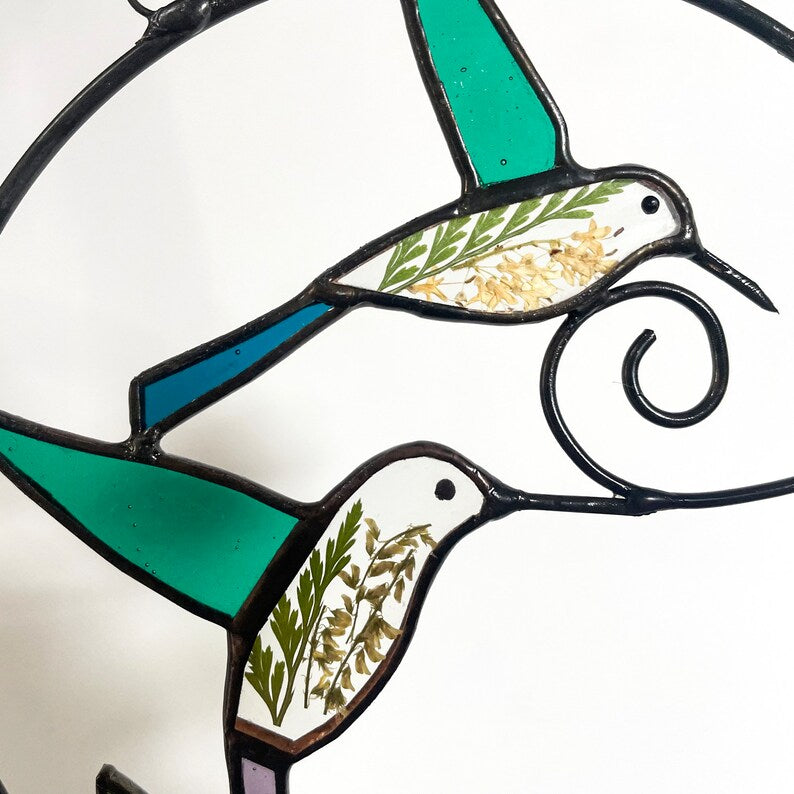 Real Pressed Green Dried Flowers and Hummingbird Stained Glass Suncatchers