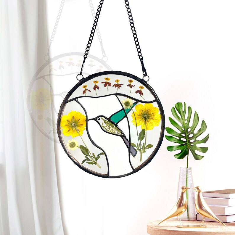 Real Pressed Dried Sunflowers and Hummingbird Stained Glass Suncatchers