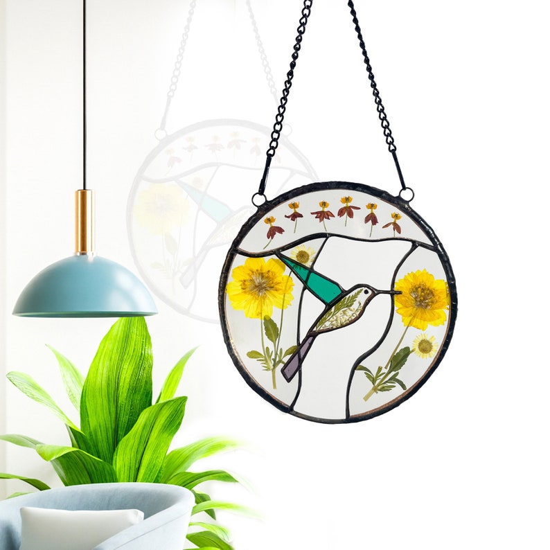 Real Pressed Dried Sunflowers and Hummingbird Stained Glass Suncatchers