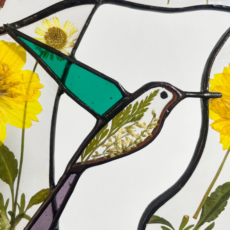 Real Pressed Dried Sunflowers and Hummingbird Stained Glass Suncatchers