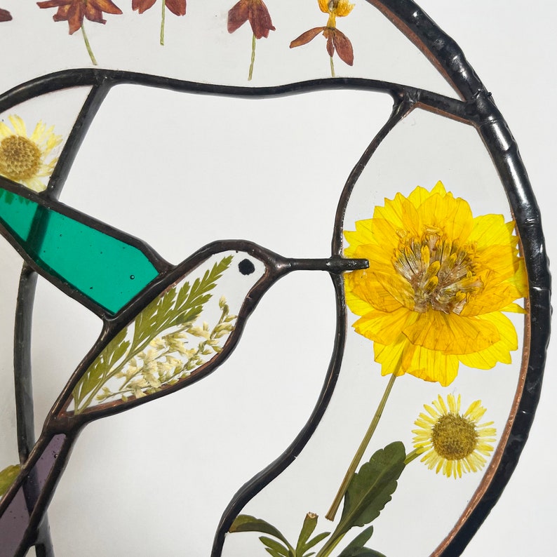 Real Pressed Dried Sunflowers and Hummingbird Stained Glass Suncatchers