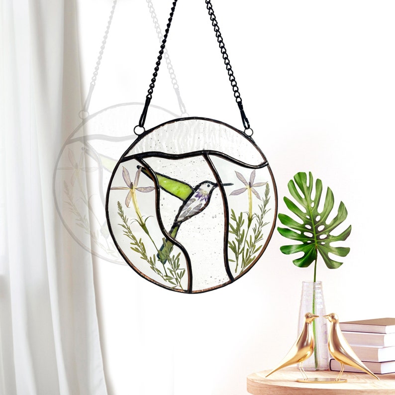 Real Pressed Dried Flowers and Hummingbird Stained Glass Suncatchers