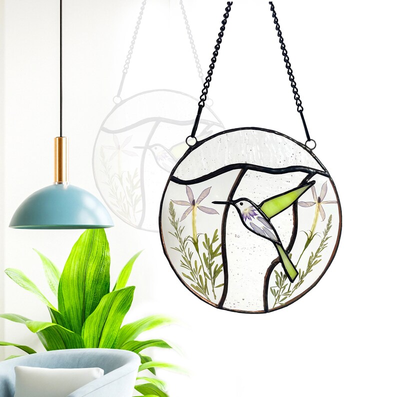 Real Pressed Dried Flowers and Hummingbird Stained Glass Suncatchers
