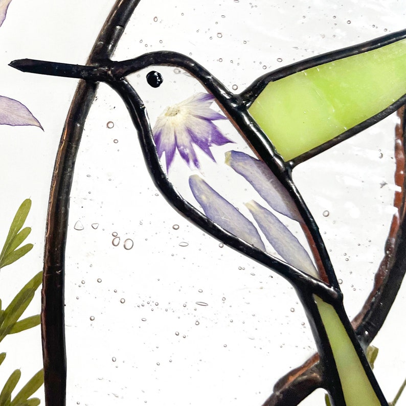 Real Pressed Dried Flowers and Hummingbird Stained Glass Suncatchers