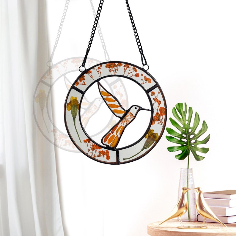 Real Orange Pressed Dried Flowers and Hummingbird Stained Glass Suncatchers