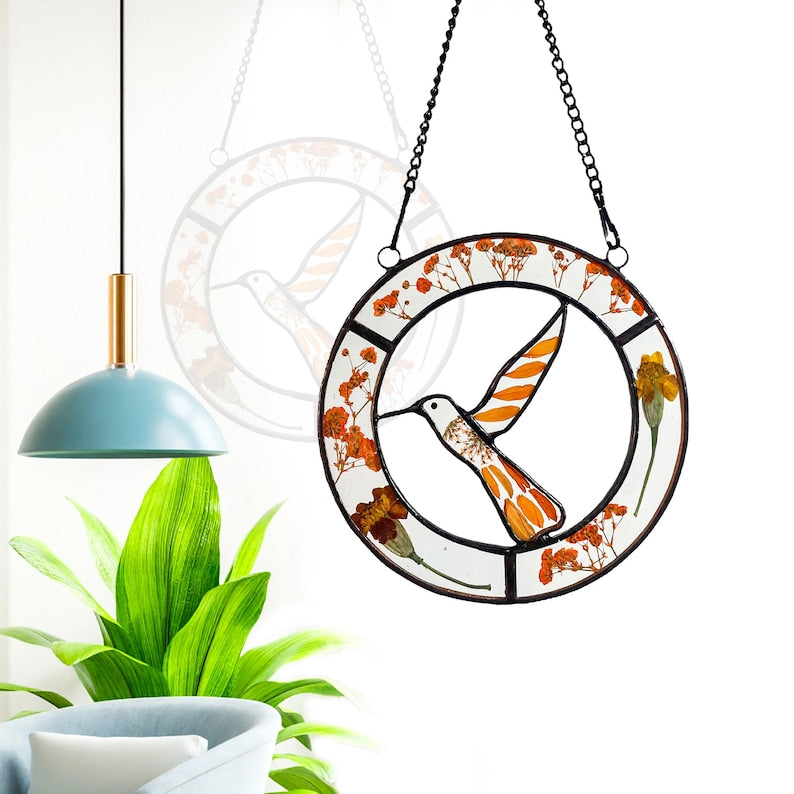 Real Orange Pressed Dried Flowers and Hummingbird Stained Glass Suncatchers