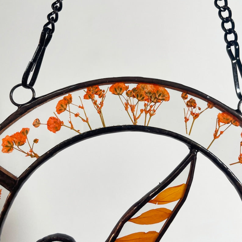 Real Orange Pressed Dried Flowers and Hummingbird Stained Glass Suncatchers