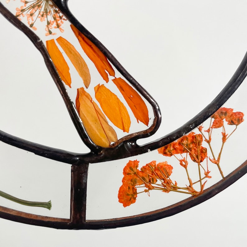 Real Orange Pressed Dried Flowers and Hummingbird Stained Glass Suncatchers