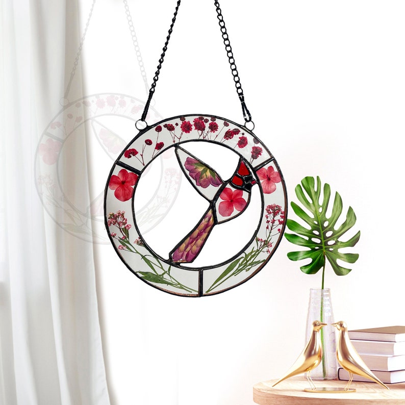 Real Red Pressed Dried Flowers and Cardinal Stained Glass Suncatchers