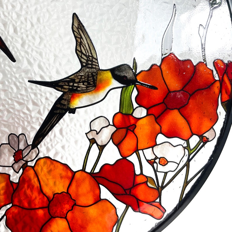 California Poppies/Orange Poppies and hummingbirds Stained Glass Suncatcher/Window Hanging